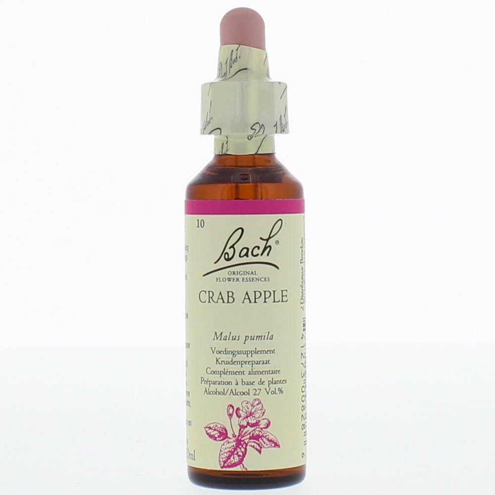 Bruine glazen fles met roze etiket en opschrift Crab Apple. Druppelaar met roze punt. Bach Original Flower Essences.