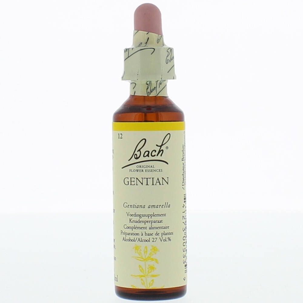 Flacon en verre brun avec étiquette jaune. Inscription : Bach Original Flower Essences Gentian. Avec compte-gouttes.