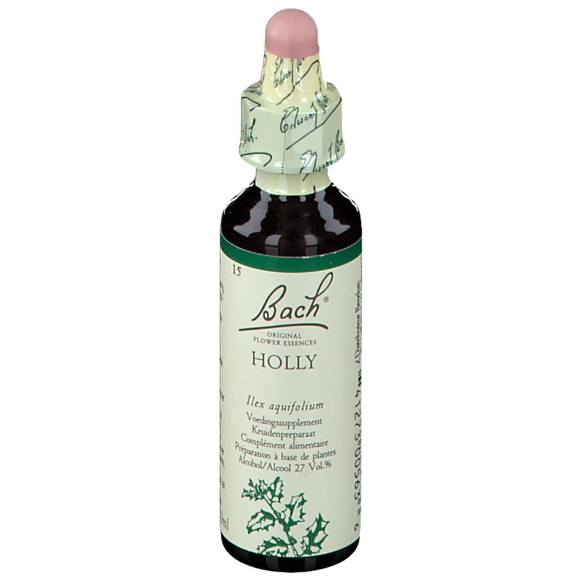 Braune Glasflasche mit rosa Verschluss. Etikett mit Produktinformationen und dem Schriftzug "Bach".