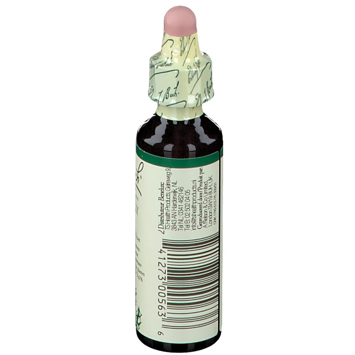 Braune Glasflasche mit rosa Verschluss. Etikett mit Barcode und Herstellerinformationen.