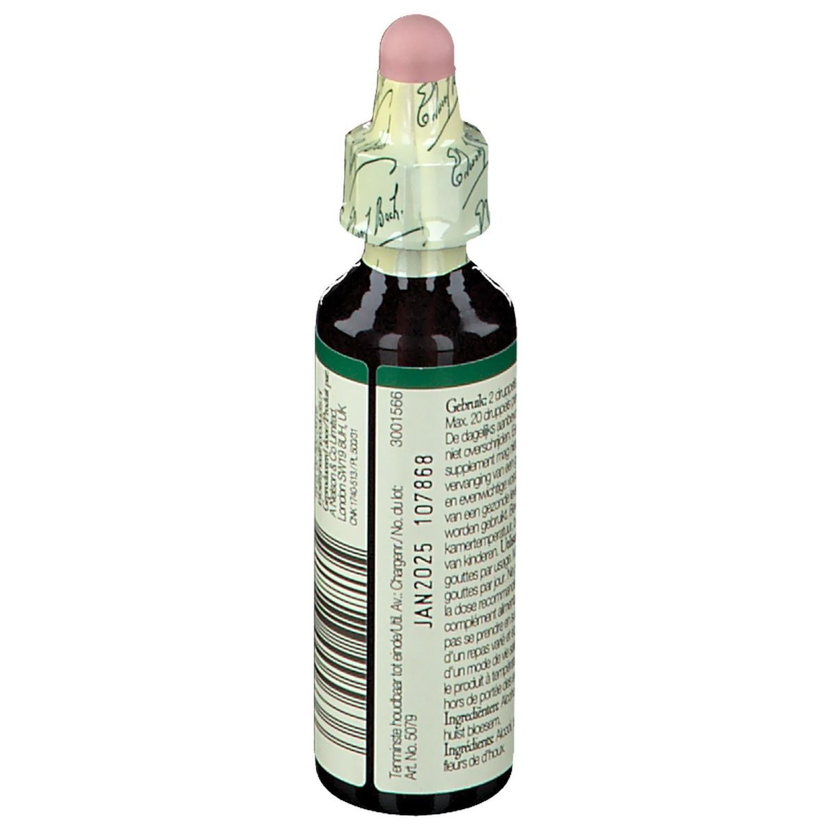 Braune Glasflasche mit rosa Verschluss. Etikett mit Dosierungshinweisen und Verfallsdatum.