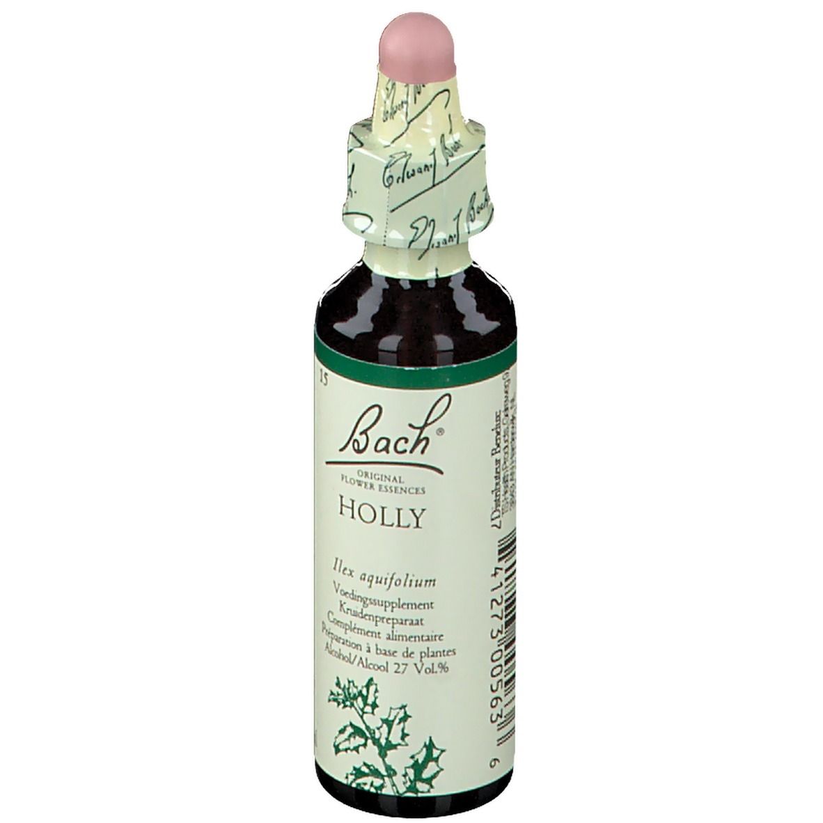 Braune Glasflasche mit rosa Verschluss. Etikett mit Produktnamen, Inhaltsstoffen und dem Schriftzug "Bach".