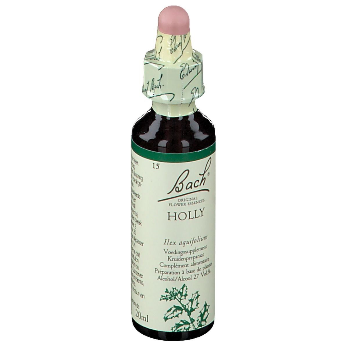 Braune Glasflasche mit rosa Verschluss. Etikett mit Produktinformationen und dem Schriftzug "Bach".
