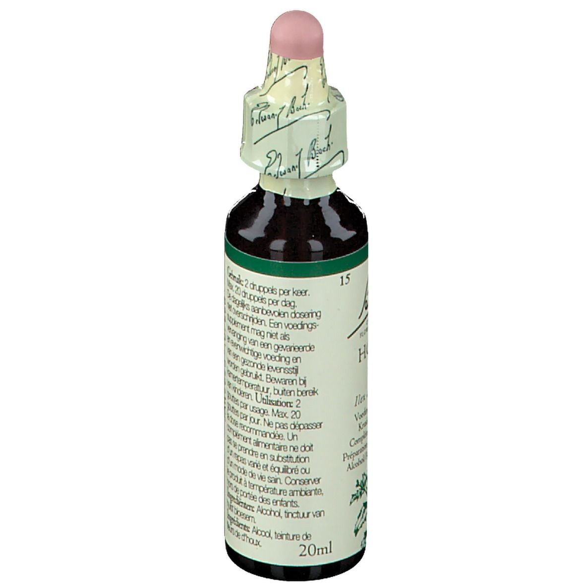 Braune Glasflasche mit rosa Verschluss. Etikett mit Dosierungshinweisen und Volumenangabe.
