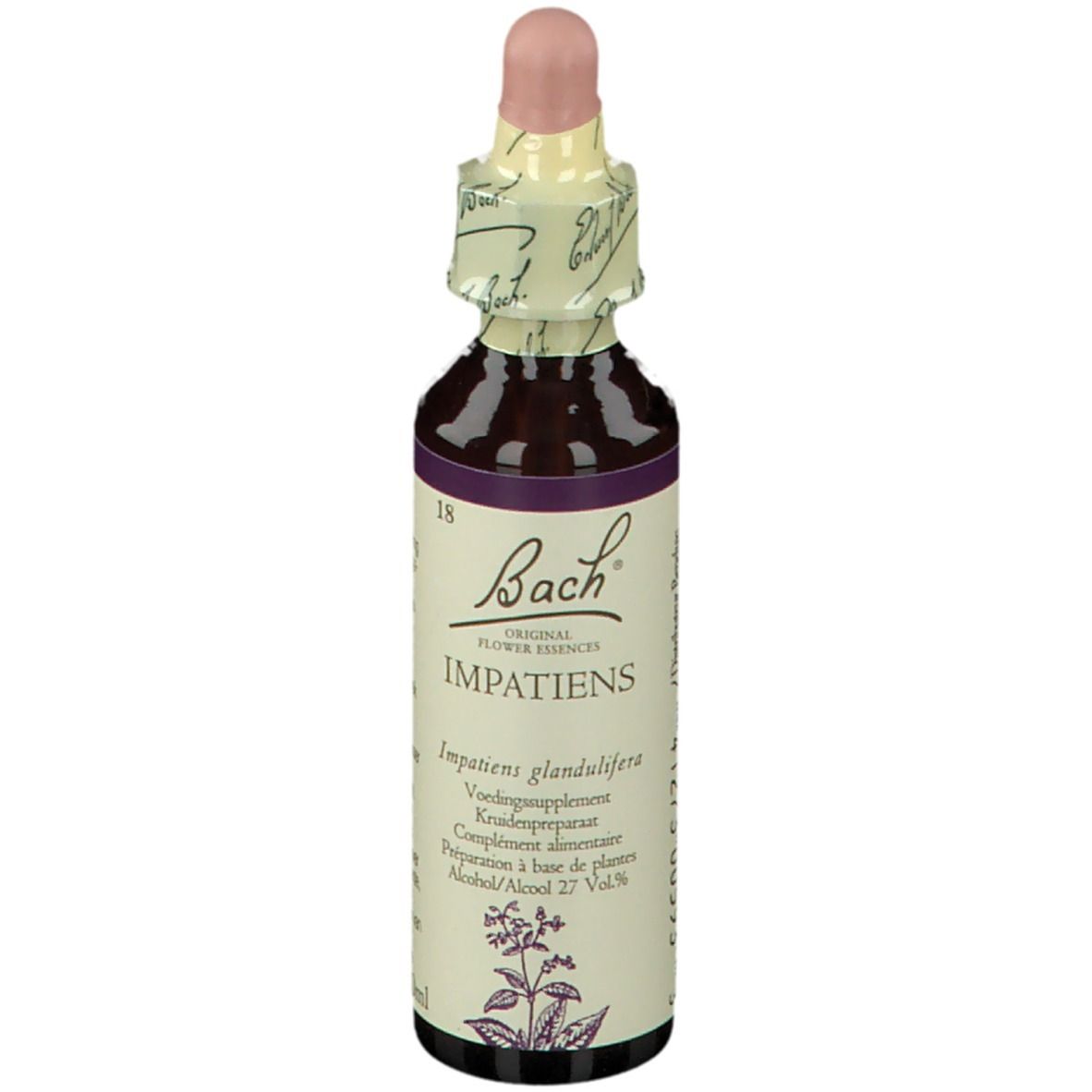Flacon en verre brun avec bouchon rose. Étiquette avec nom du produit et illustration florale. Marque : Bach.
