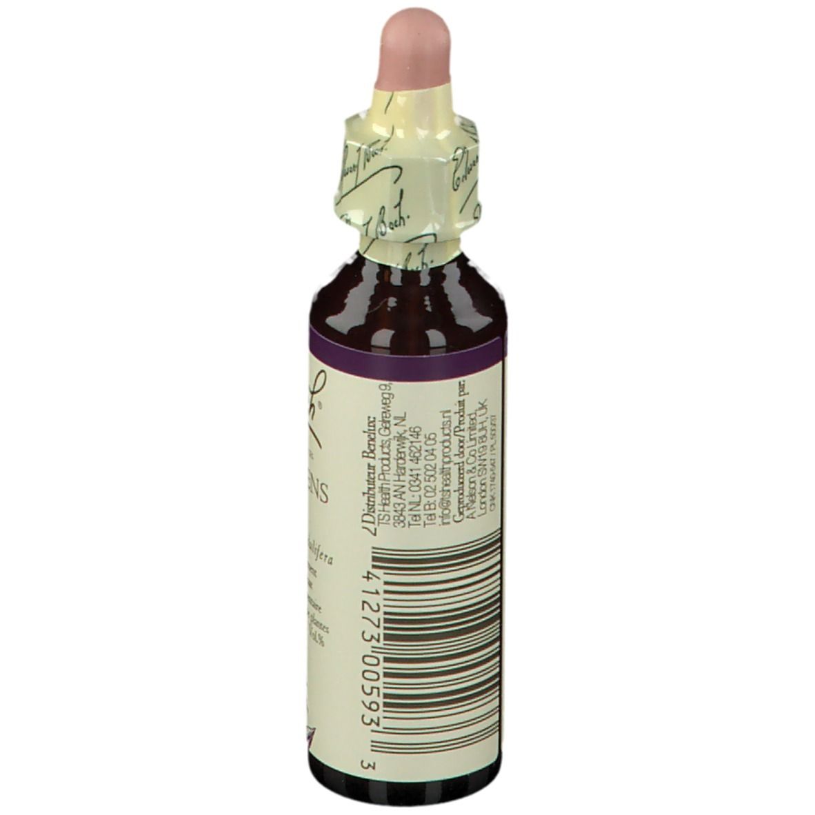 Flacon en verre brun. Étiquette avec code-barres et informations fabricant. Bouchon rose avec scellé en papier.
