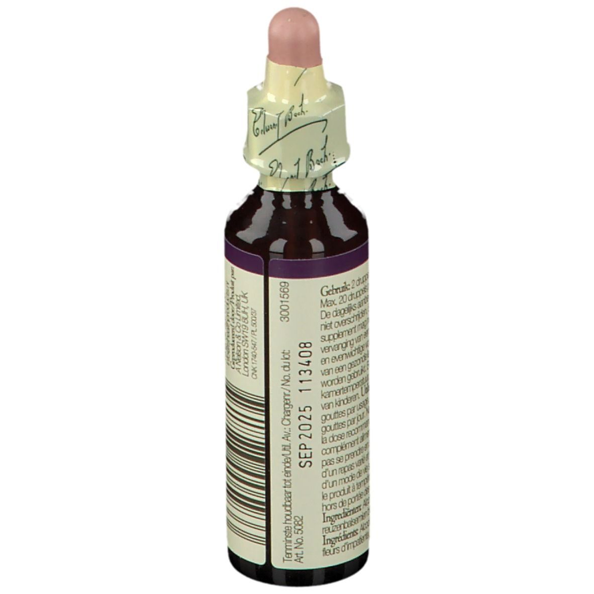 Flacon en verre brun. Étiquette avec date de péremption et instructions de dosage. Bouchon rose avec scellé papier.