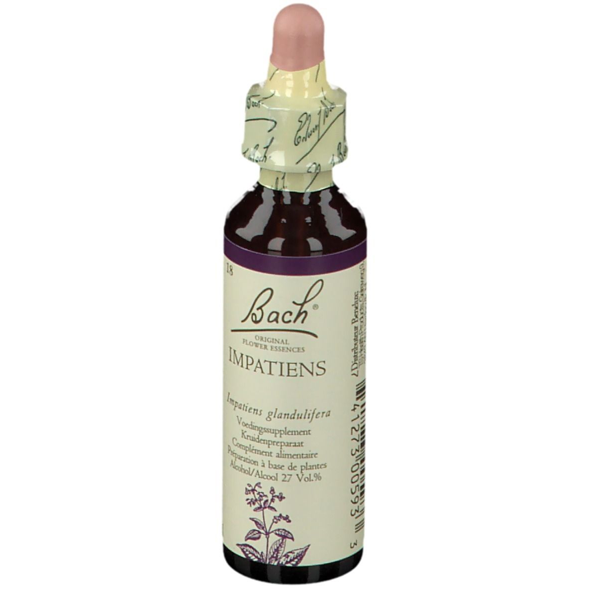 Flacon en verre brun avec bouchon rose. Étiquette avec nom du produit et illustration florale. Marque : Bach.