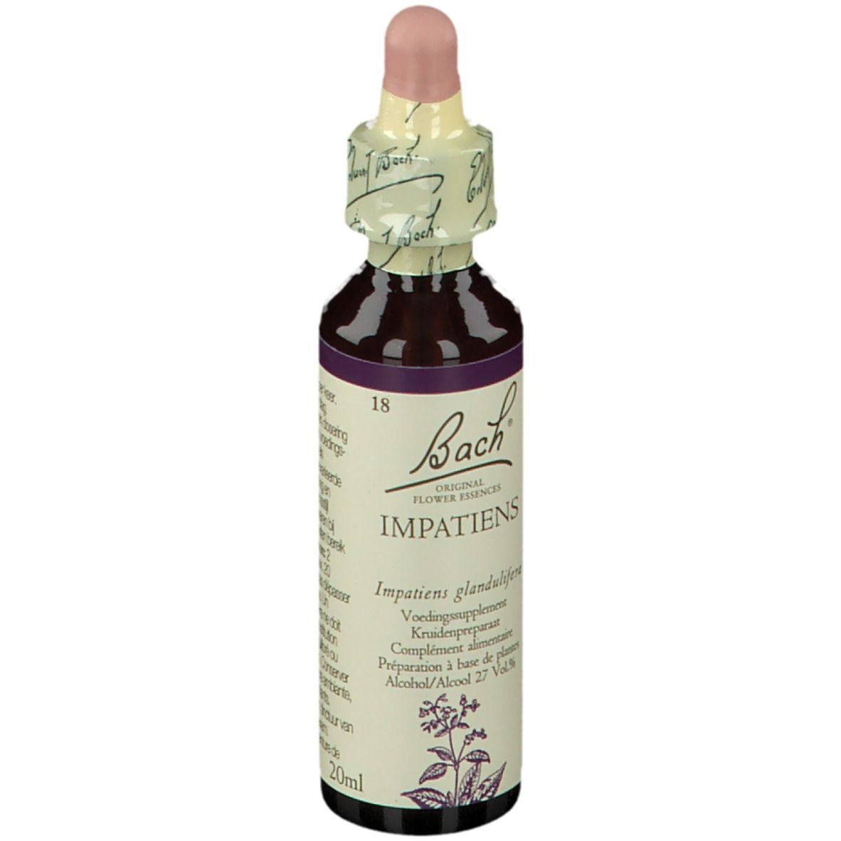 Flacon en verre brun avec bouchon rose. Étiquette avec nom du produit, volume 20ml. Marque : Bach.