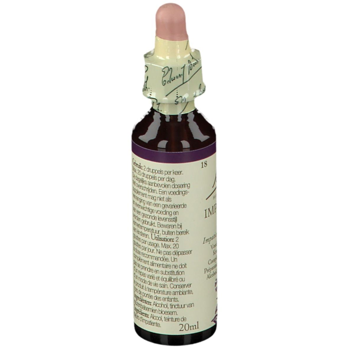 Flacon en verre brun. Étiquette avec instructions de dosage et volume 20ml. Bouchon rose avec scellé papier.