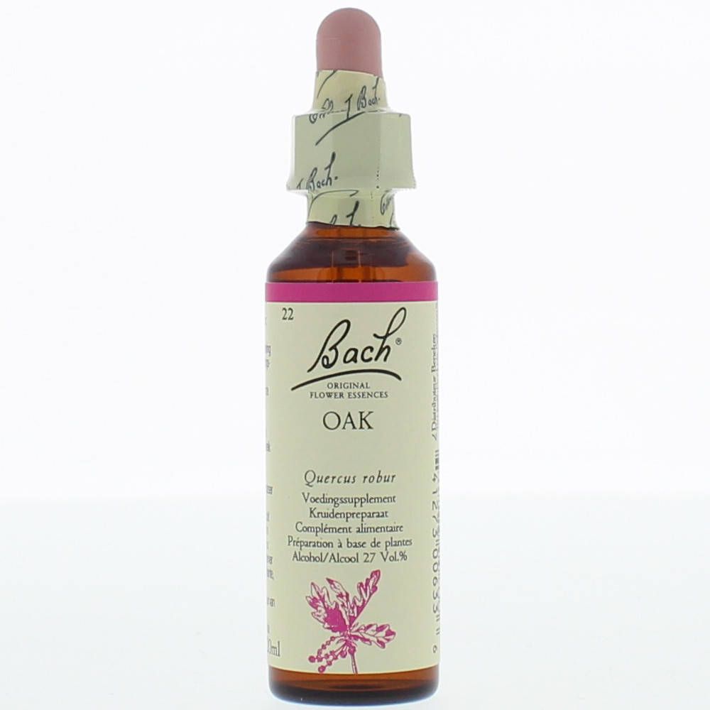 Bruine glazen fles met roze etiket. Opschrift 'Bach' en 'Oak'. Druppelaar met roze punt. Gezondheidsproduct.