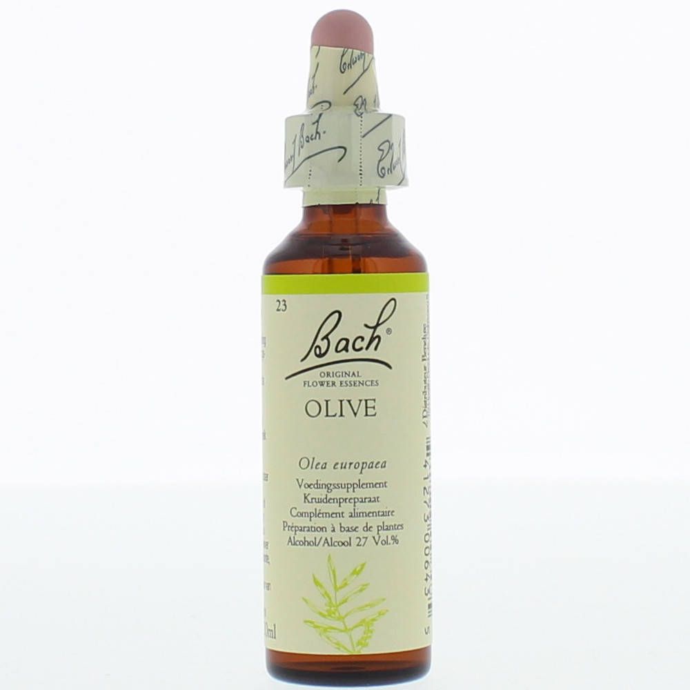 Flacon en verre brun avec étiquette jaune. Nom du produit : Olive. Avec compte-gouttes et bouchon rose.