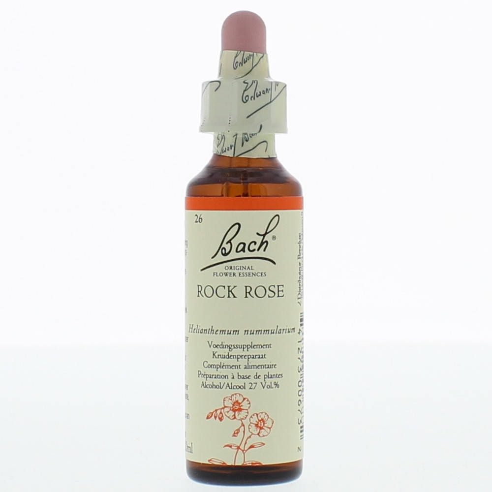 Braune Glasflasche mit Tropfer. Beschriftung: Bach Original Flower Essences, Rock Rose. Etikett mit floralem Motiv.