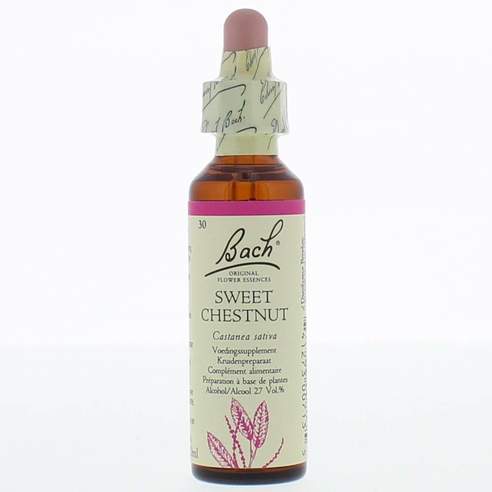 Flacon en verre brun avec étiquette rose et compte-gouttes. Inscription : Bach Original Flower Essences, Sweet Chestnut.