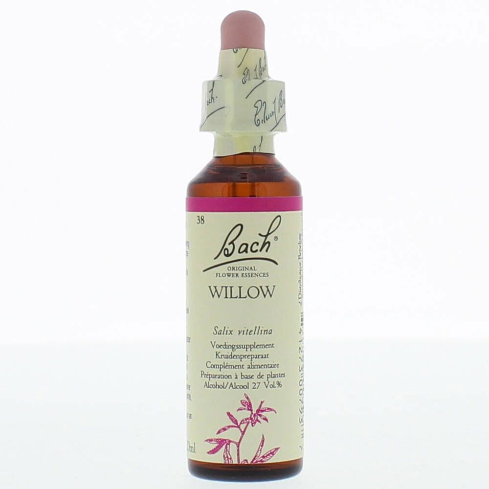 Braune Glasflasche mit rosa Etikett und Tropfer. Beschriftung: Bach Original Flower Essences Willow.