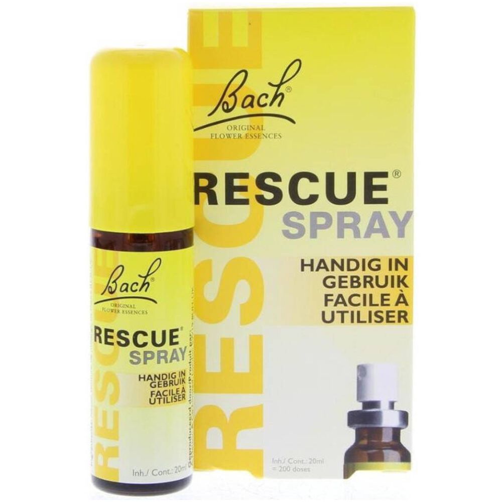 Gelbe Sprühflasche und Schachtel. Aufschrift: Bach Rescue Spray. Mit Aufschrift: Handig in gebruik, Facile à utiliser.