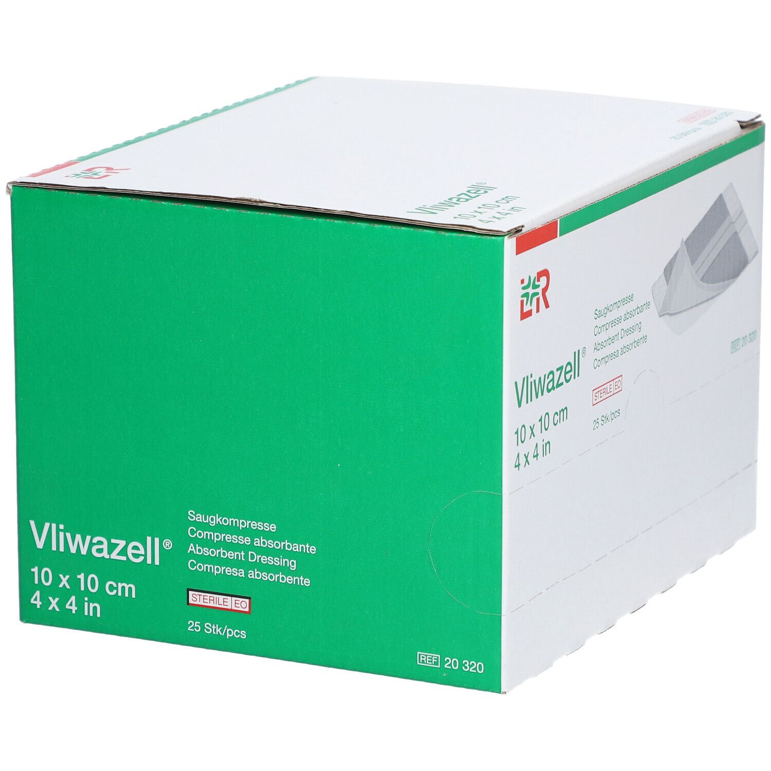 Compresse universelle Vliwazell®, 10 x 10 cm, emballage blanc et vert. 25 pièces. Stérile.