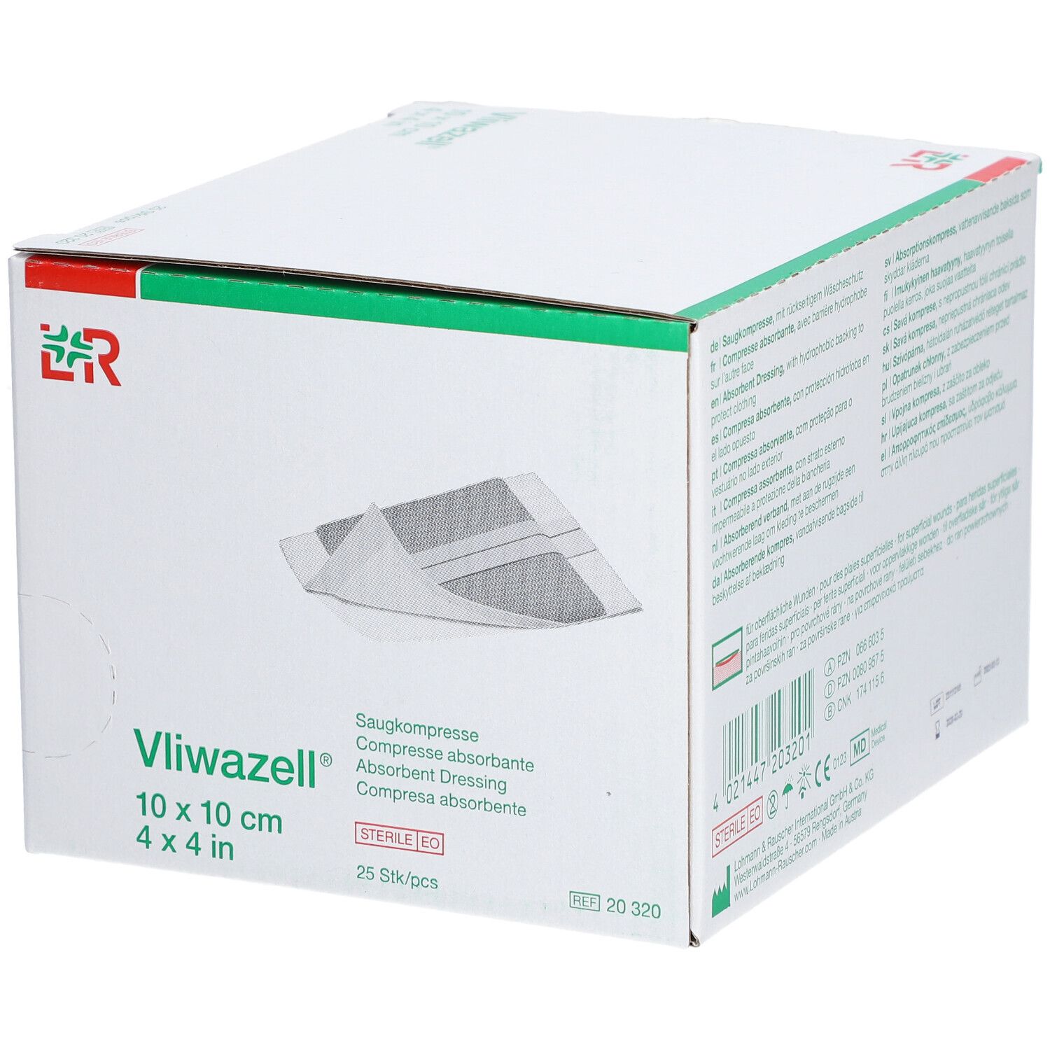 Emballage de compresses universelles Vliwazell®, 10 x 10 cm, 25 pièces. Marquage stérile. Vue du produit.