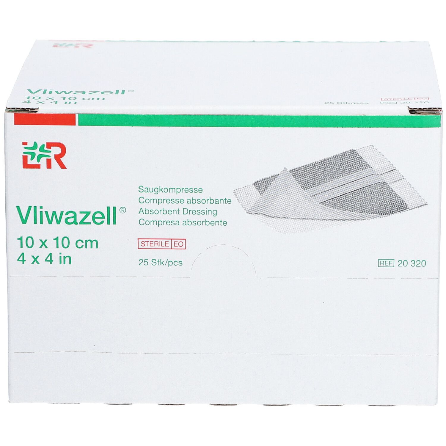 Emballage de compresses universelles Vliwazell®, 10 x 10 cm, 25 pièces. Marquage stérile. Vue latérale.