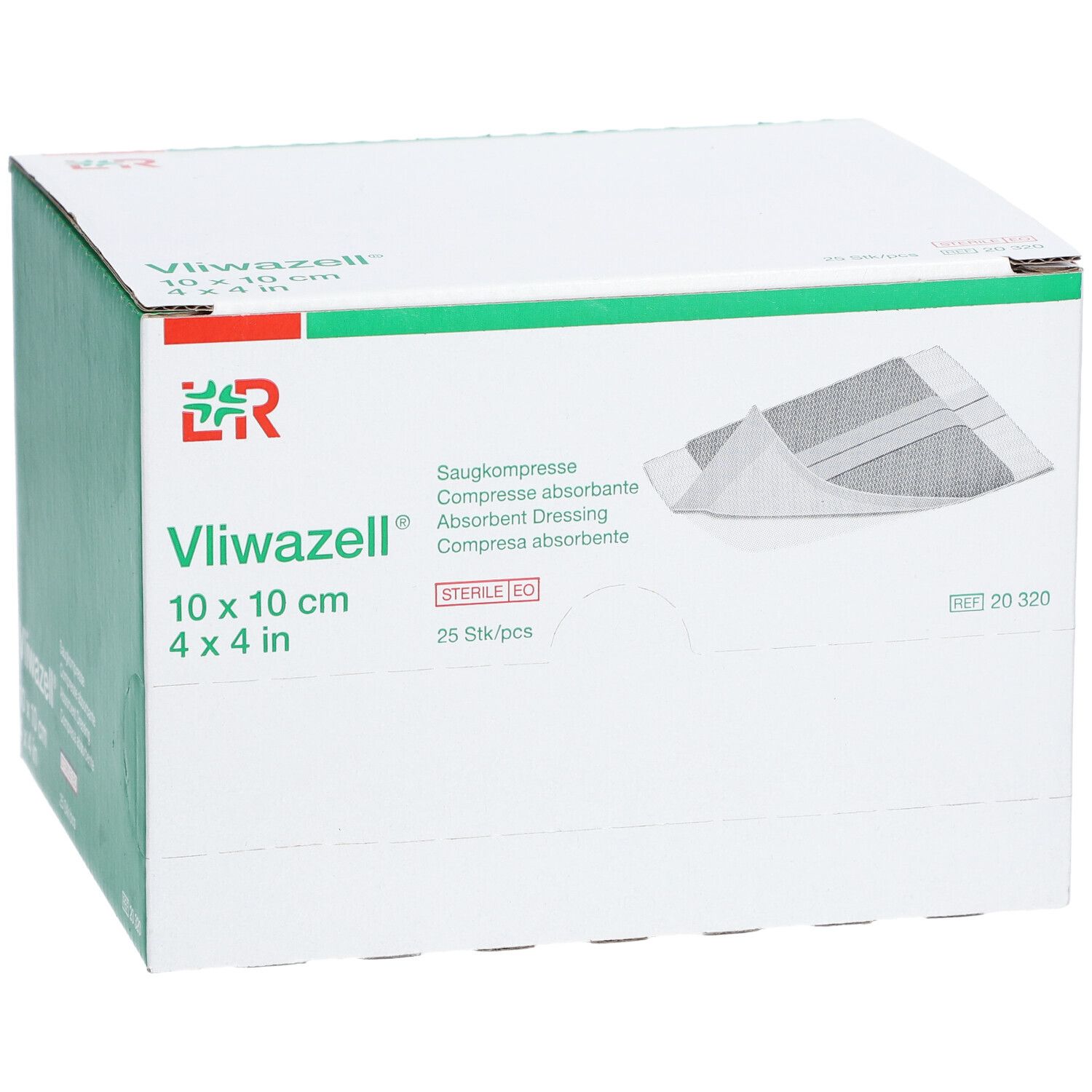 Emballage de compresses universelles Vliwazell®, 10 x 10 cm, 25 pièces. Marquage stérile. Vue en perspective.