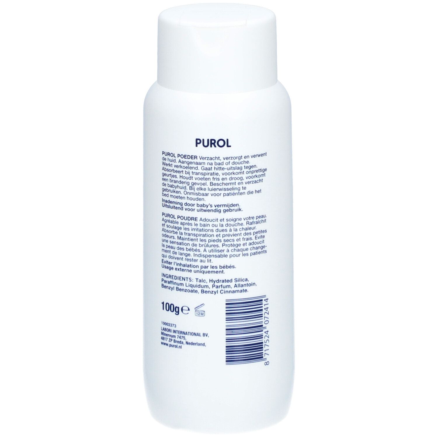 Flacon blanc, dos. Texte en plusieurs langues. Liste des ingrédients et poids 100g. Code-barres et informations fabricant.