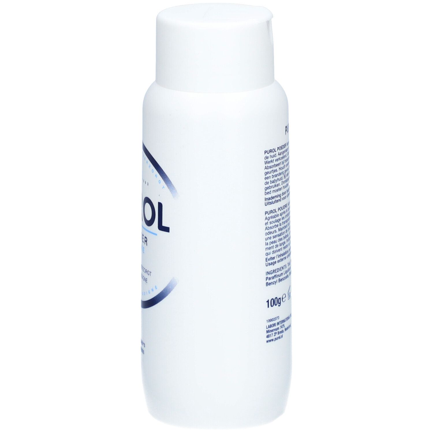 Flacon blanc, dos. Texte en plusieurs langues. Liste des ingrédients et poids 100g. Code-barres et informations fabricant.