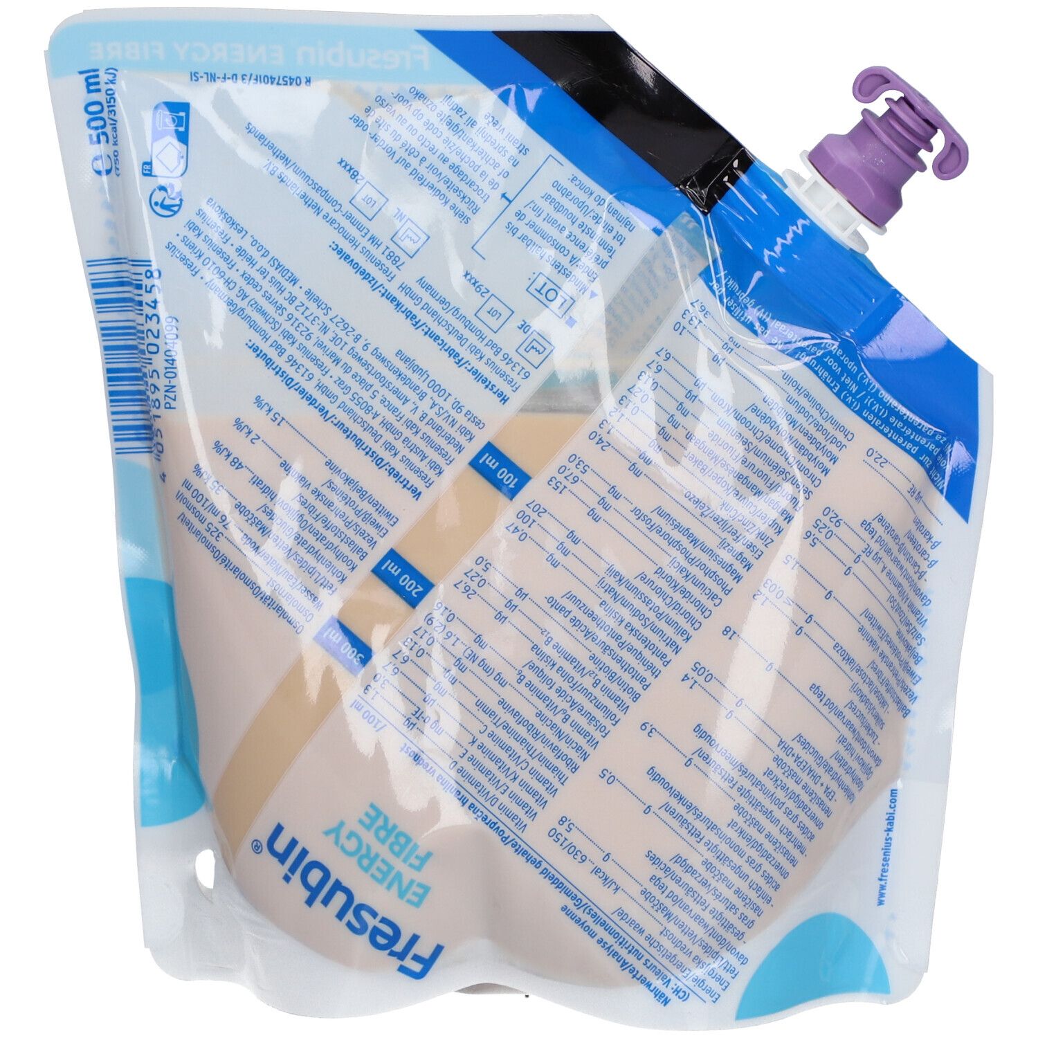 Sachet Fresubin Energy Fibre. Fermeture violette, détails bleus. Inscriptions en allemand et anglais. 500 ml.