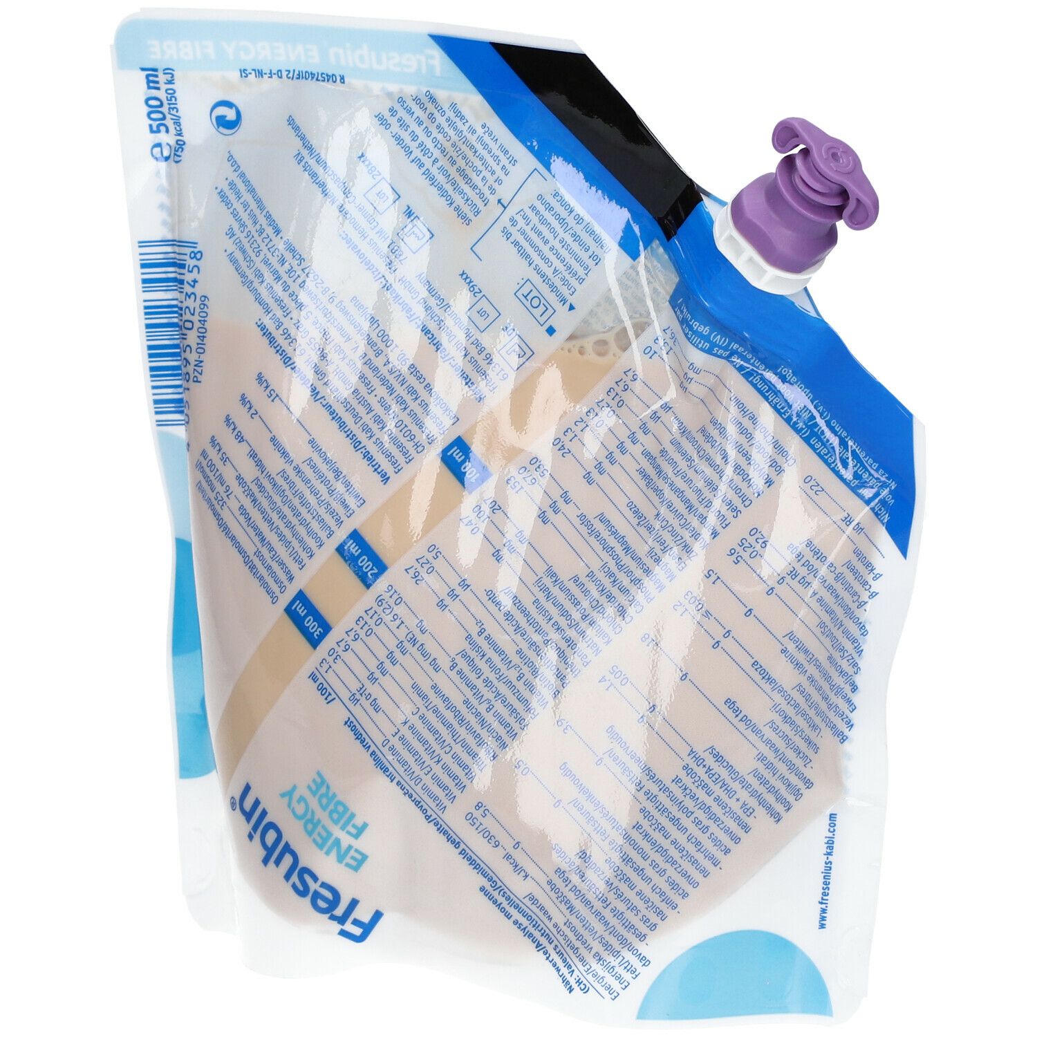 Sachet Fresubin Energy Fibre. Fermeture violette, détails bleus. Inscriptions en allemand et anglais. 500 ml.