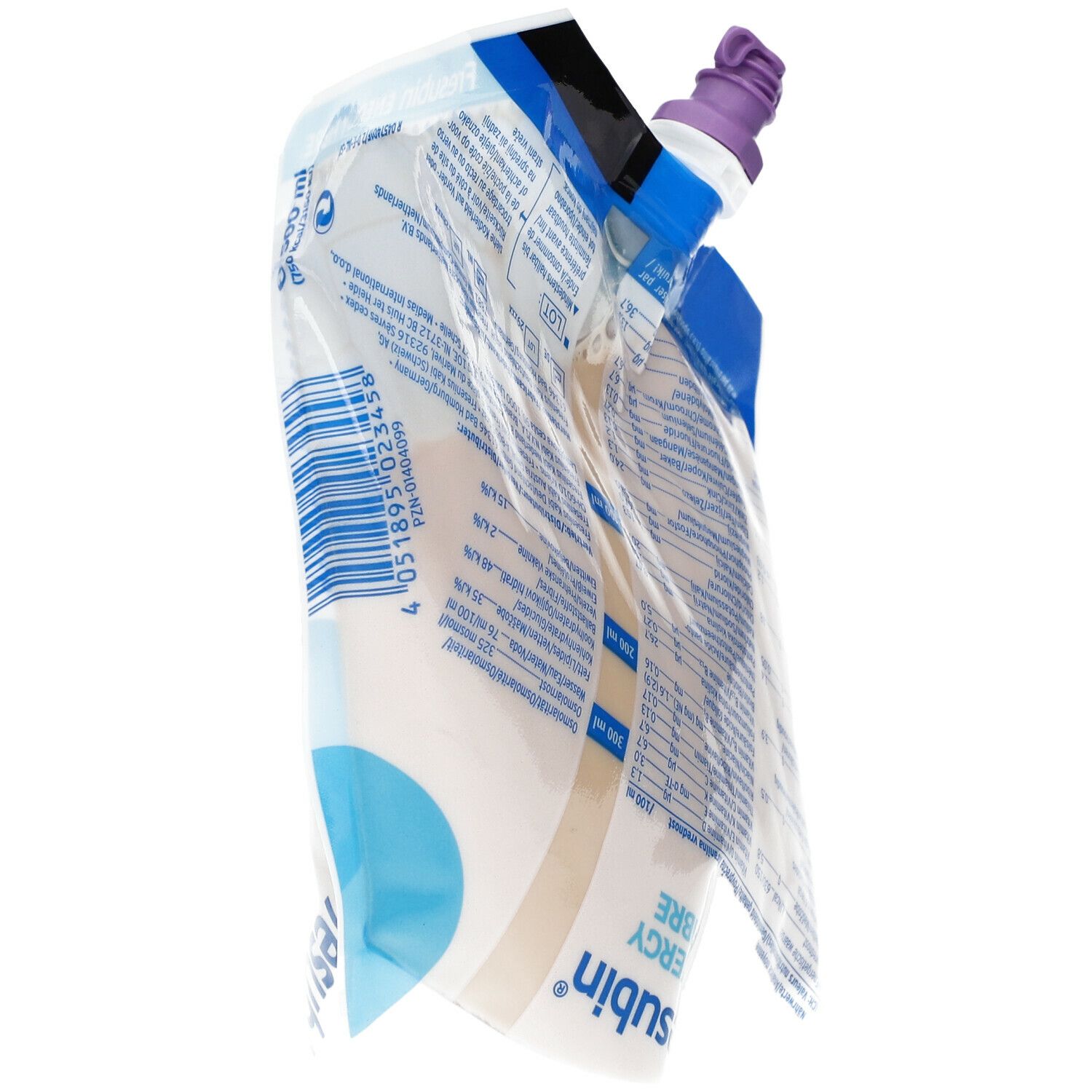 Sachet Fresubin Energy Fibre. Fermeture violette, détails bleus. Inscriptions en allemand et anglais. 500 ml.