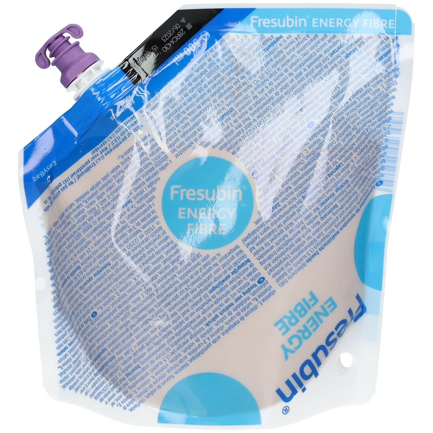 Sachet Fresubin Energy Fibre. Fermeture violette, détails bleus. Inscriptions en allemand et anglais. 500 ml.