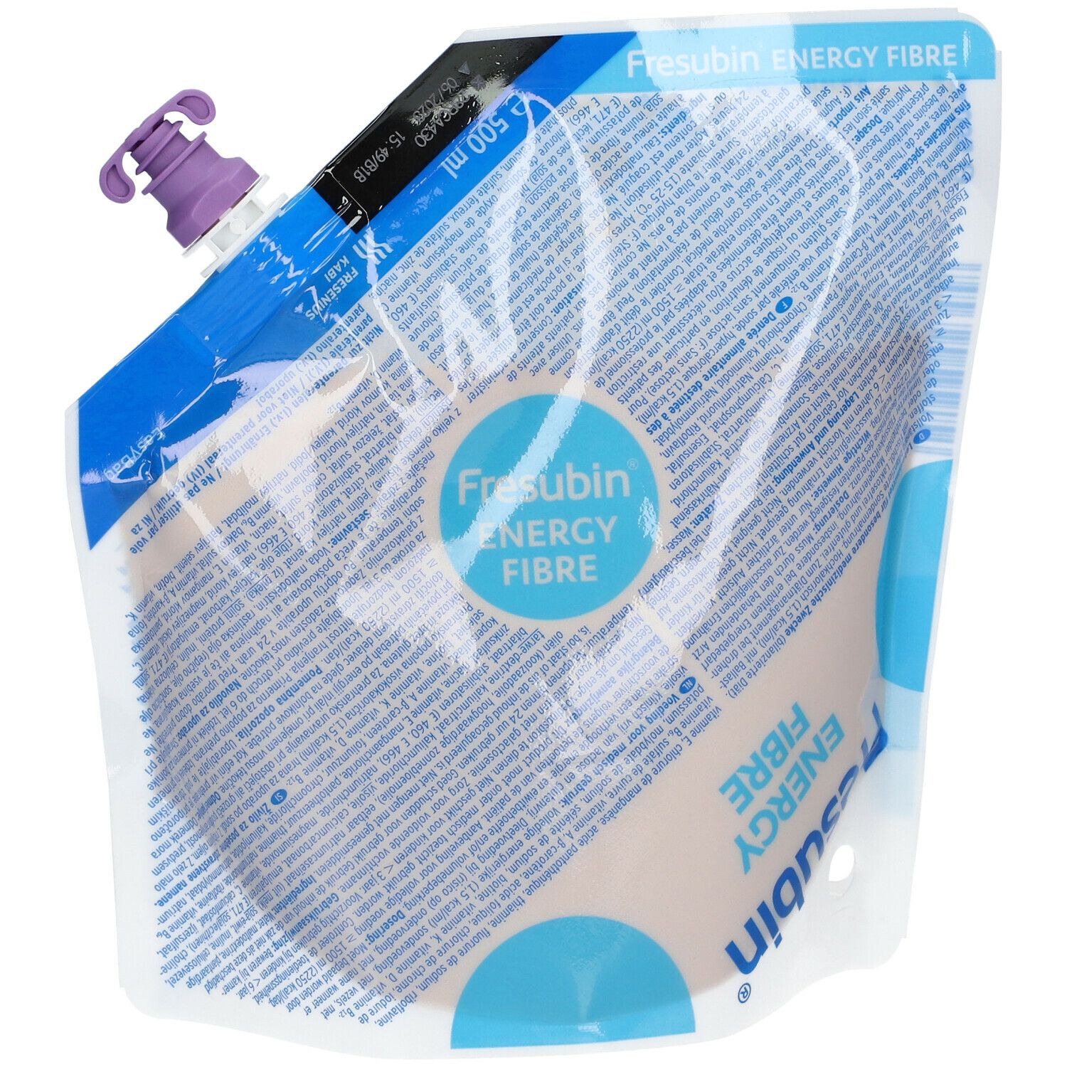 Sachet Fresubin Energy Fibre. Fermeture violette, détails bleus. Inscriptions en allemand et anglais. 500 ml.