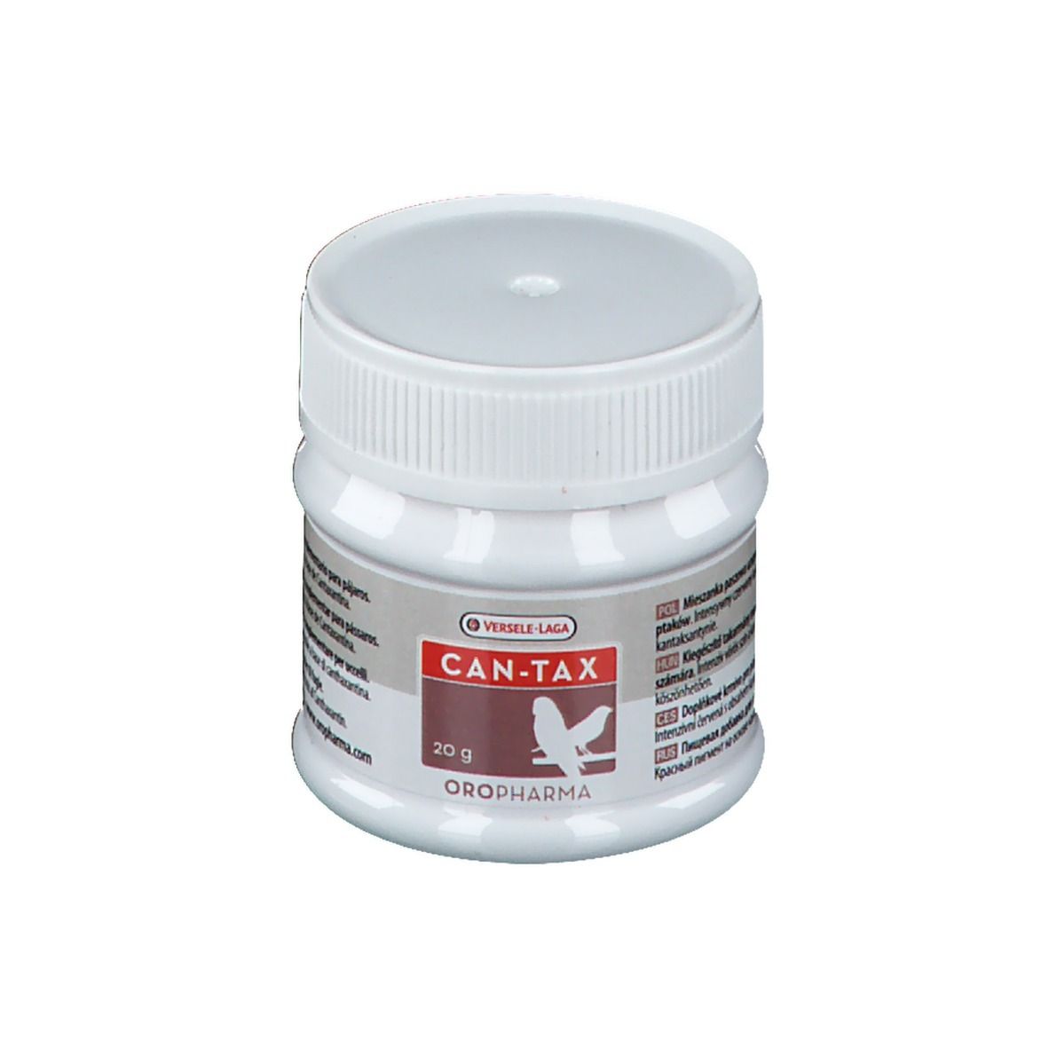 Barattolo bianco con coperchio. Etichetta con nome prodotto, logo e testo. 20g. Marchio: Can-Tax.