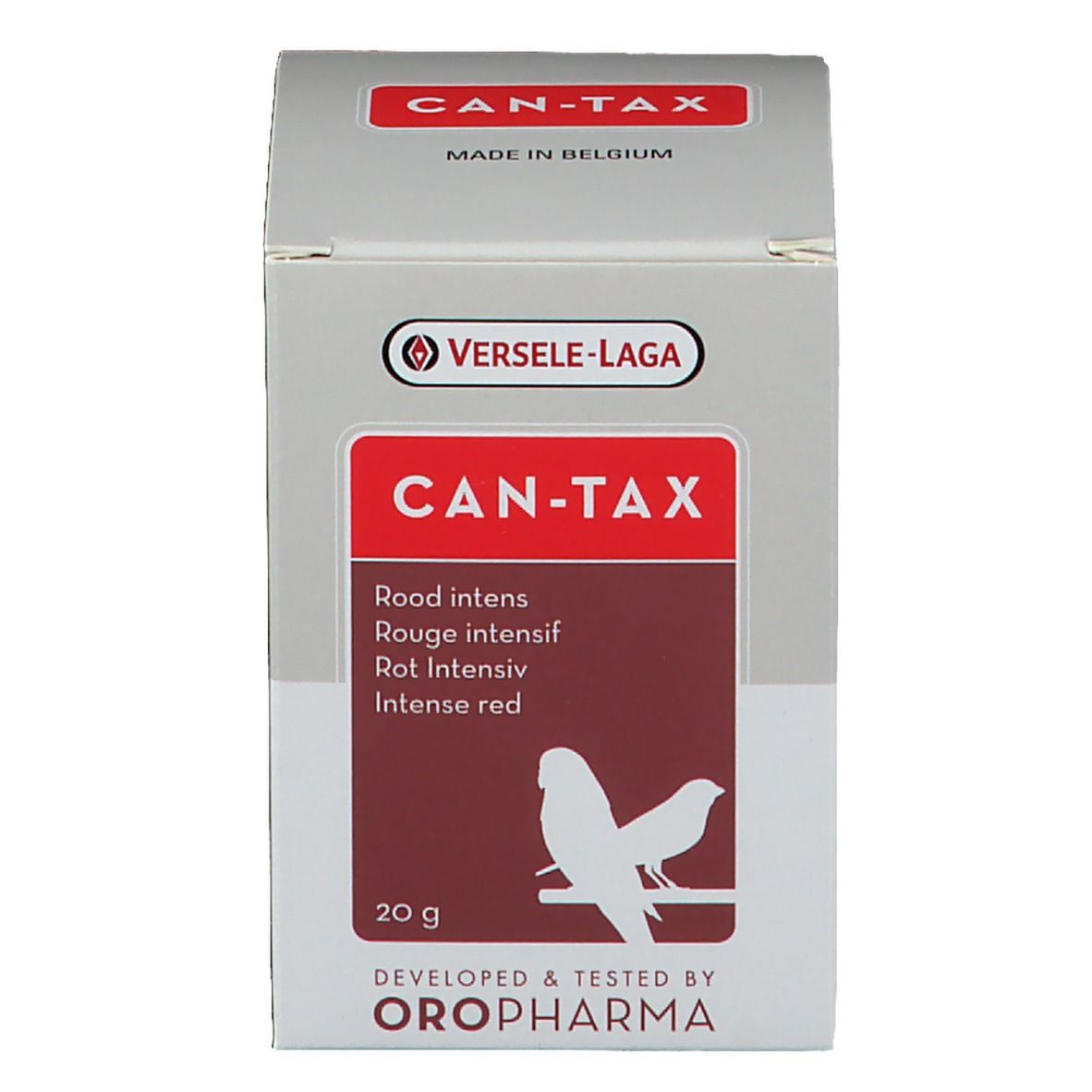 Confezione in cartone. Scritta: Can-Tax, 20g. Marchio: Vresele-Laga. Colori rosso e bianco.
