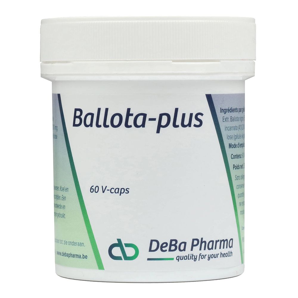 Boîte blanche Ballota-plus. 60 V-capsules. Logo DeBa Pharma.