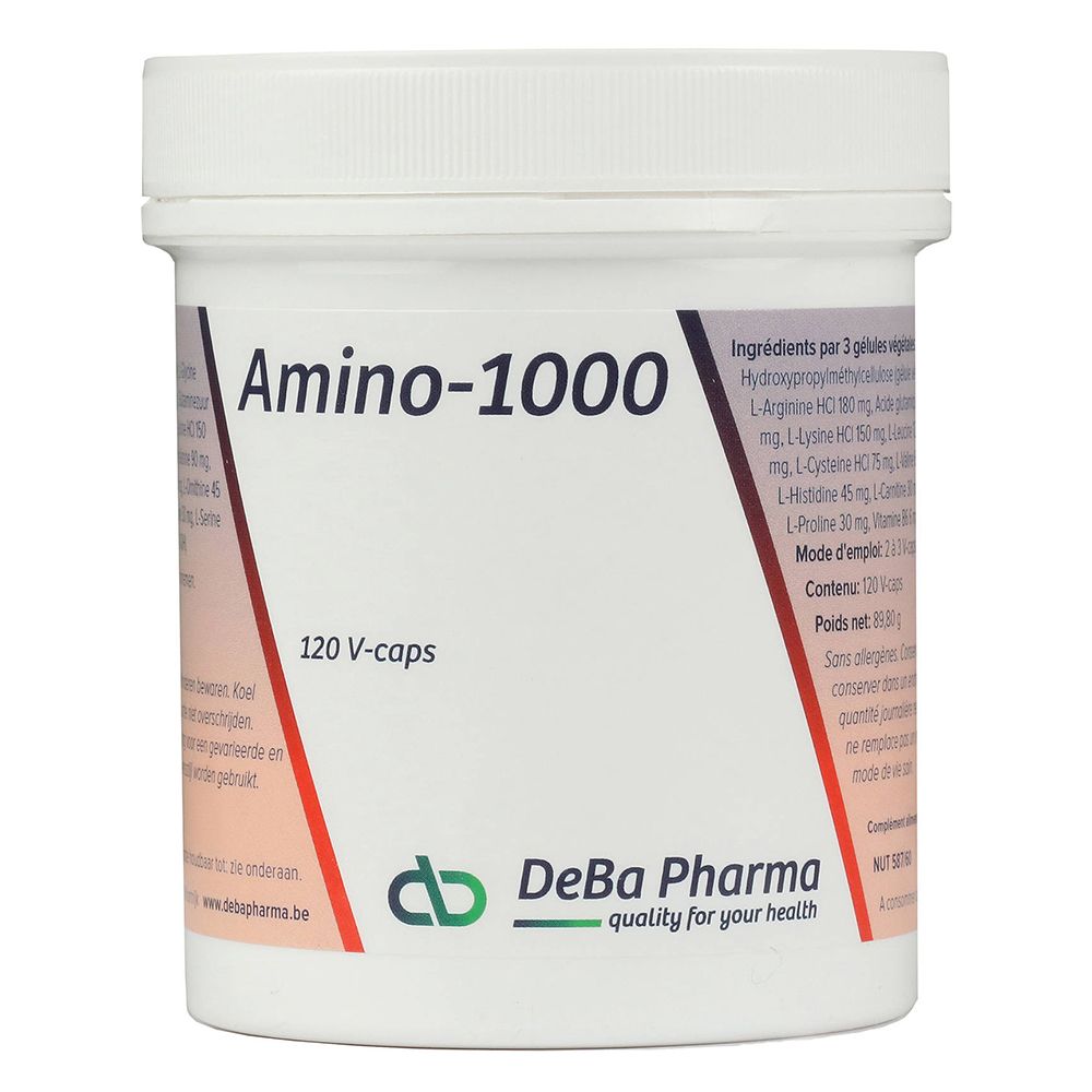 Récipient blanc avec inscription Amino-1000 et 120 V-caps. Logo DeBa Pharma en bas.