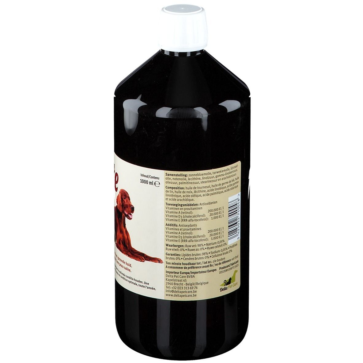 Bouteille de Velcote. Dos avec ingrédients et informations nutritionnelles. Liquide noir, bouchon blanc. 1000 ml.
