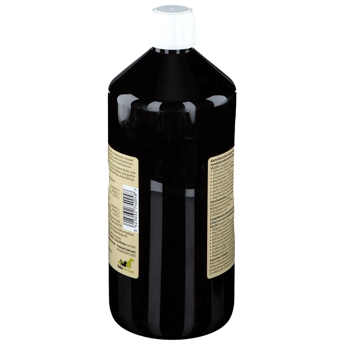 Bouteille de Velcote. Dos avec ingrédients et informations nutritionnelles. Liquide noir, bouchon blanc. 1000 ml.