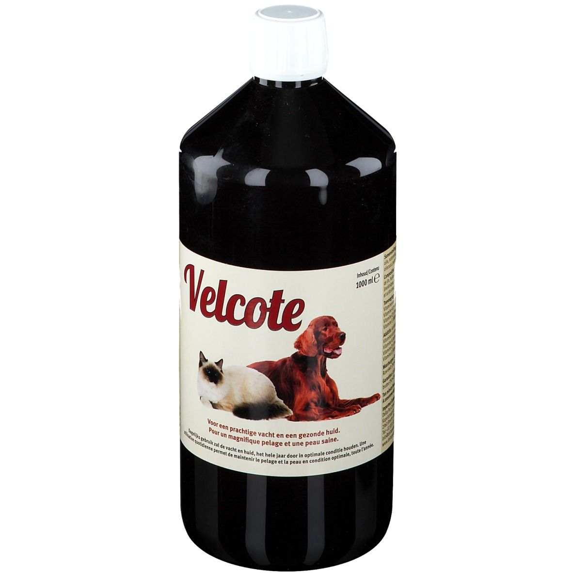 Bouteille de Velcote. Étiquette avec nom du produit, chat et chien. Liquide noir, bouchon blanc. 1000 ml.