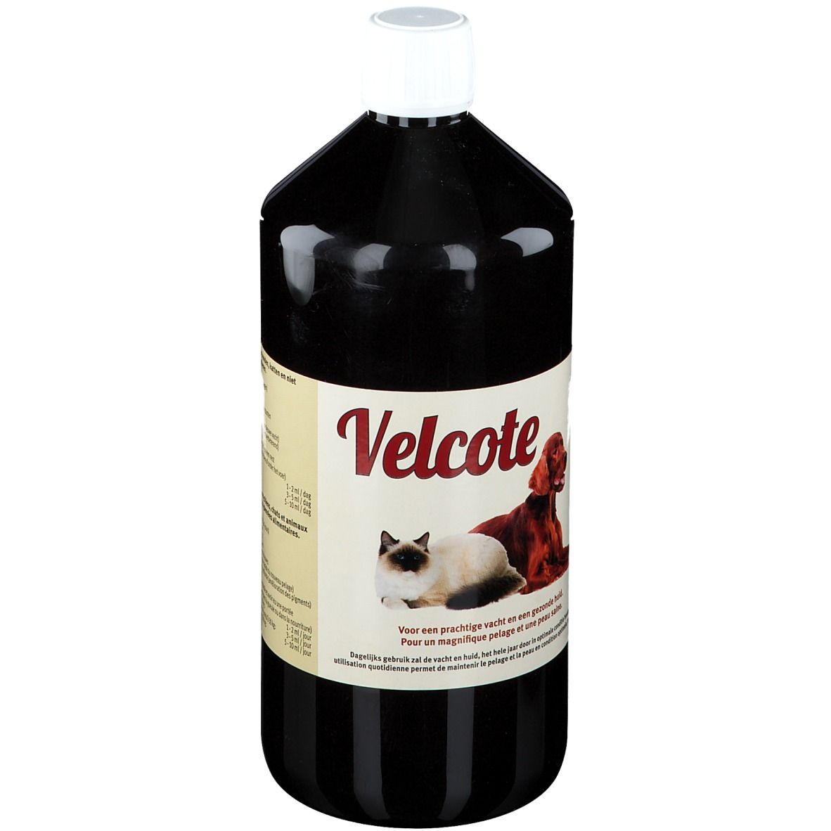 Bouteille de Velcote. Étiquette avec nom du produit, chat et chien. Liquide noir, bouchon blanc. 1000 ml.