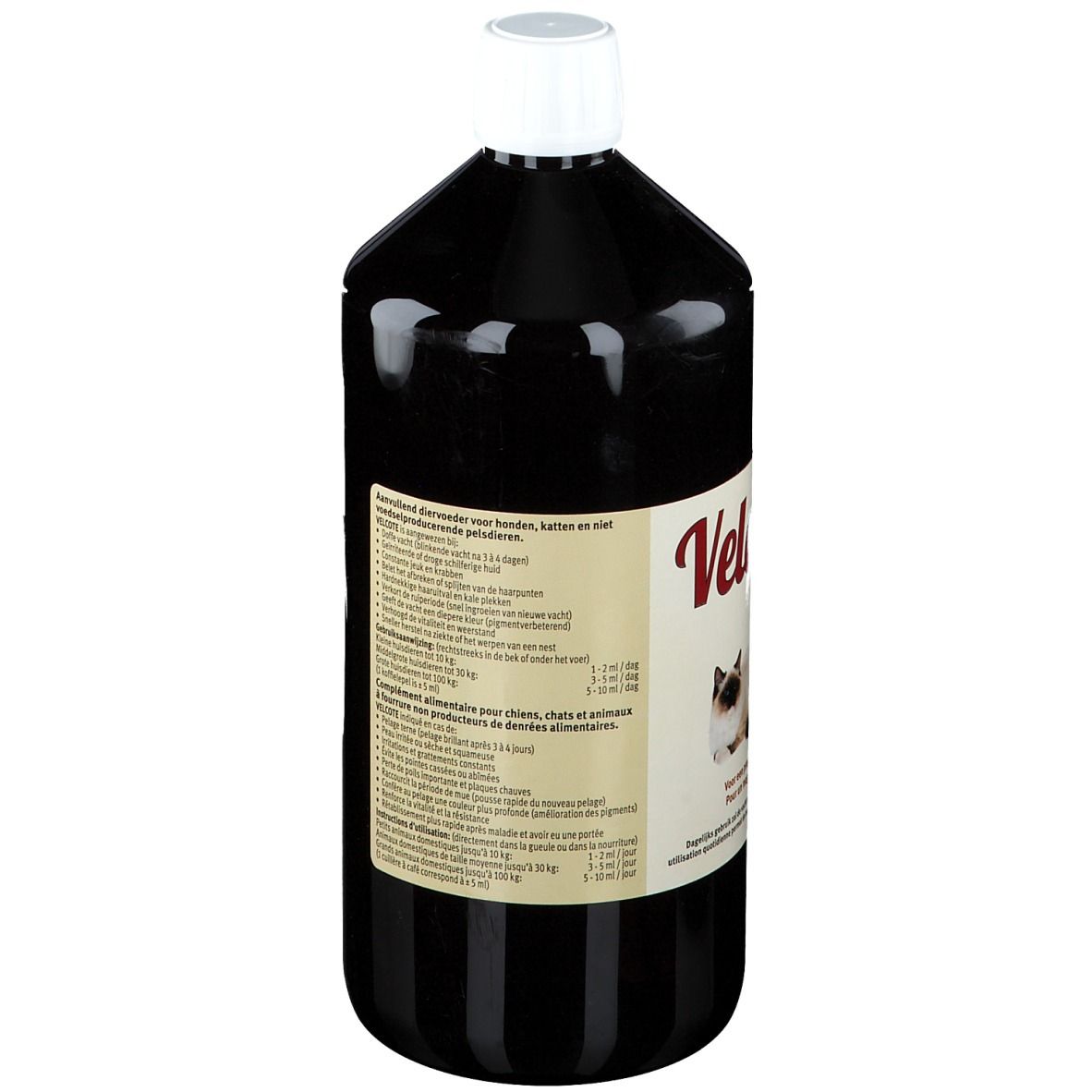Bouteille de Velcote. Dos avec ingrédients et informations nutritionnelles. Liquide noir, bouchon blanc. 1000 ml.