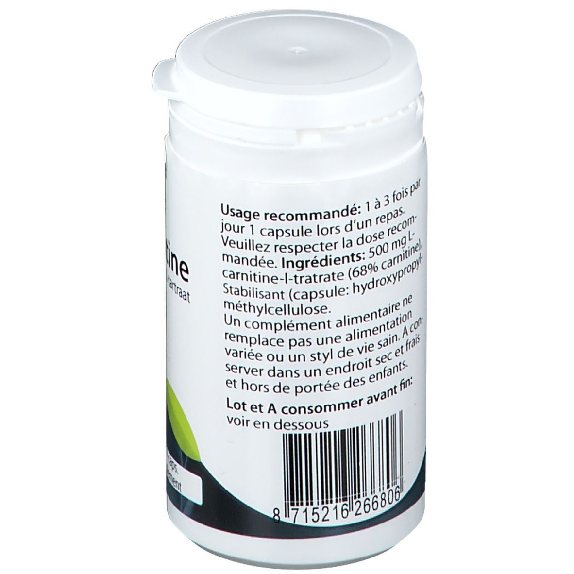 Dos de la boîte blanche avec texte. Contient des informations sur les ingrédients, le dosage et les avertissements. Code-barres en bas.