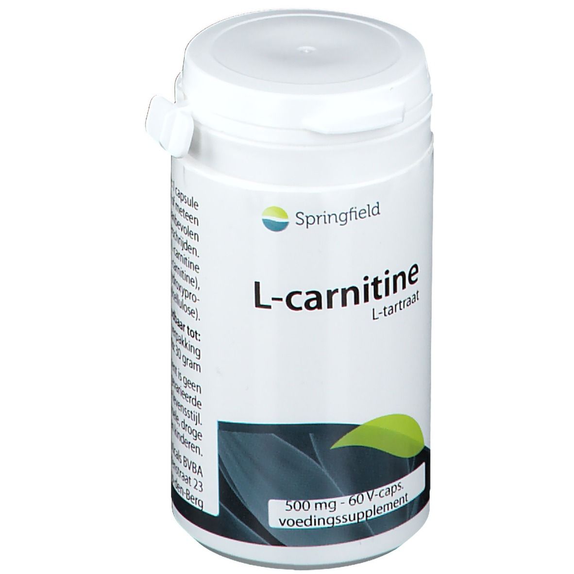 Boîte blanche avec couvercle et inscription L-carnitine. Marque Springfield. 500 mg, 60 gélules. Complément alimentaire.