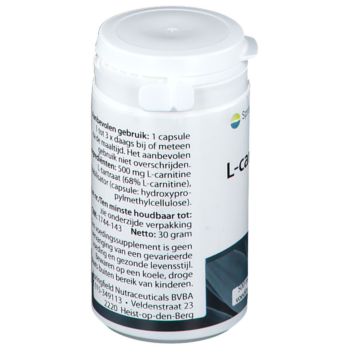 Boîte blanche avec couvercle et inscription L-carnitine. Marque Springfield. 500 mg, 60 gélules. Complément alimentaire. Poids net 30g.