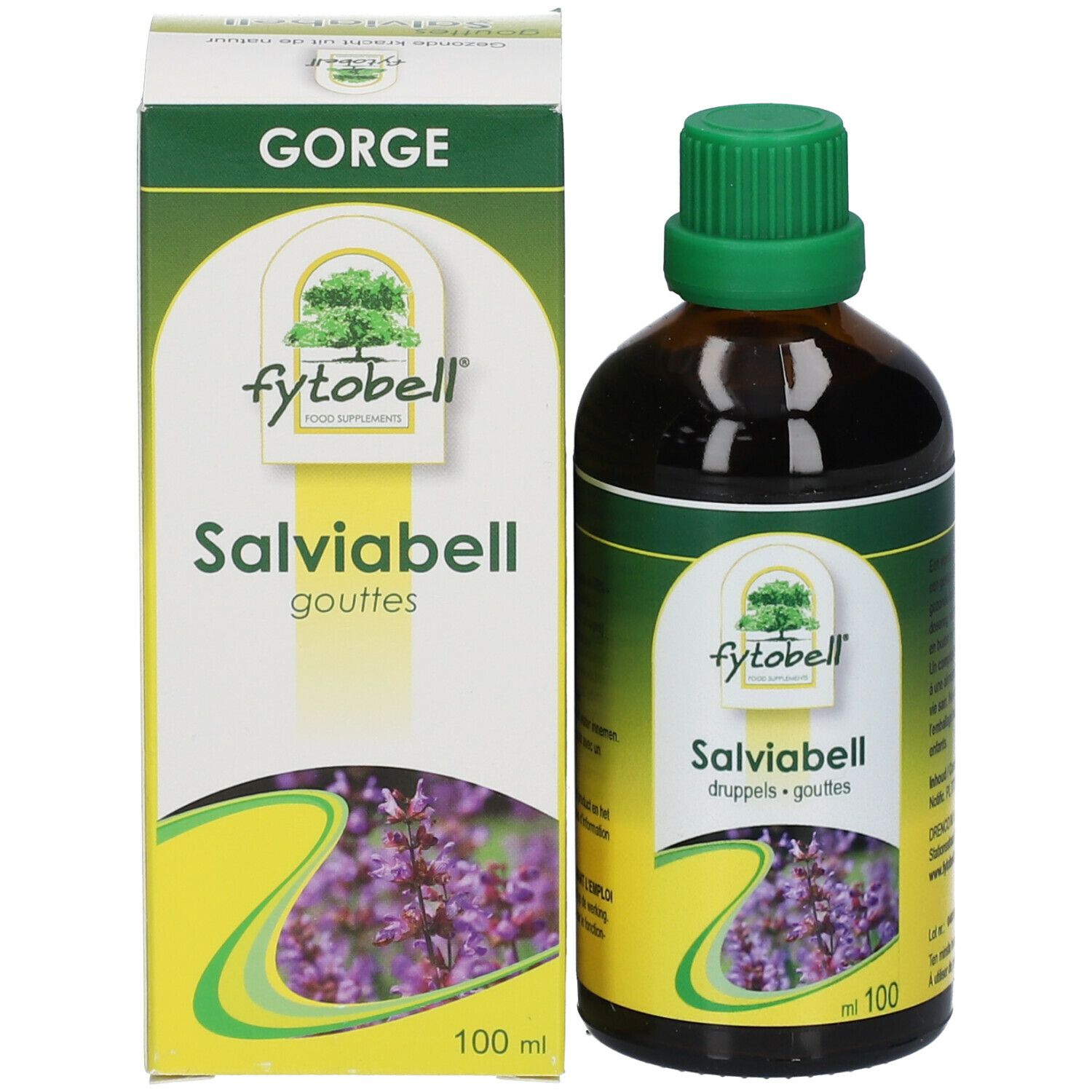 Flacone e scatola. Flacone con tappo verde, etichetta con nome del prodotto e testo. Scatola con nome del prodotto e logo.