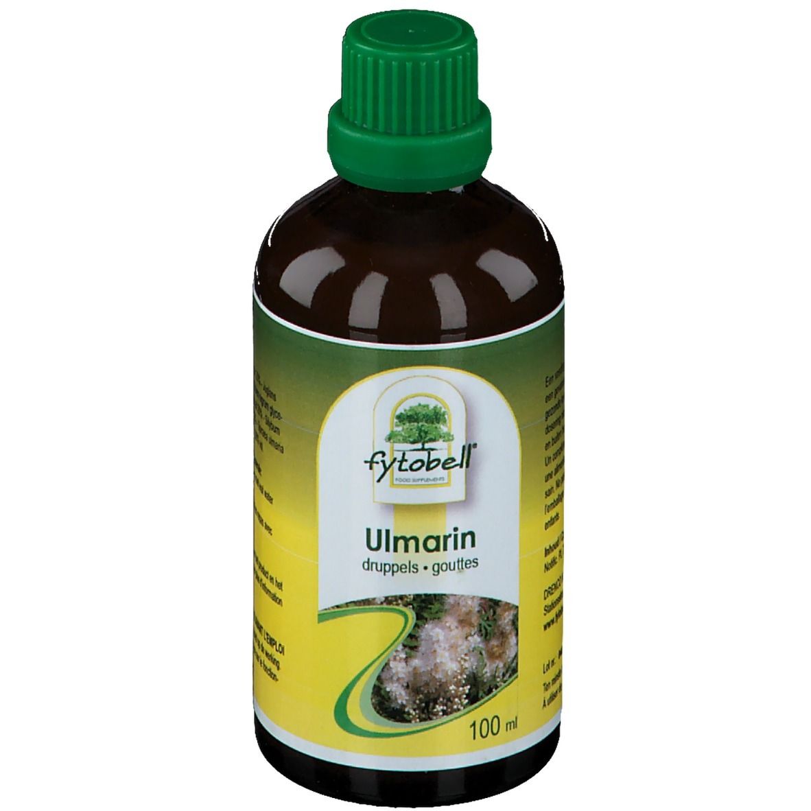 Bruine glazen fles met groene dop. Etiket met "fytobell Ulmarin" en "100 ml".