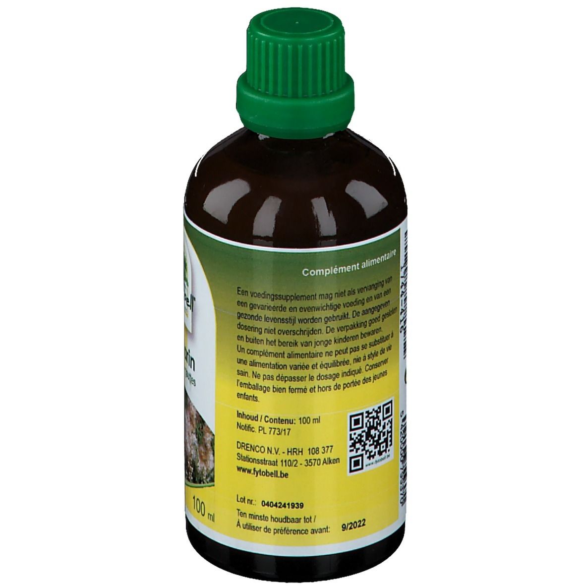 Achterkant bruine glazen fles. Etiket met tekst, QR-code en "100 ml".