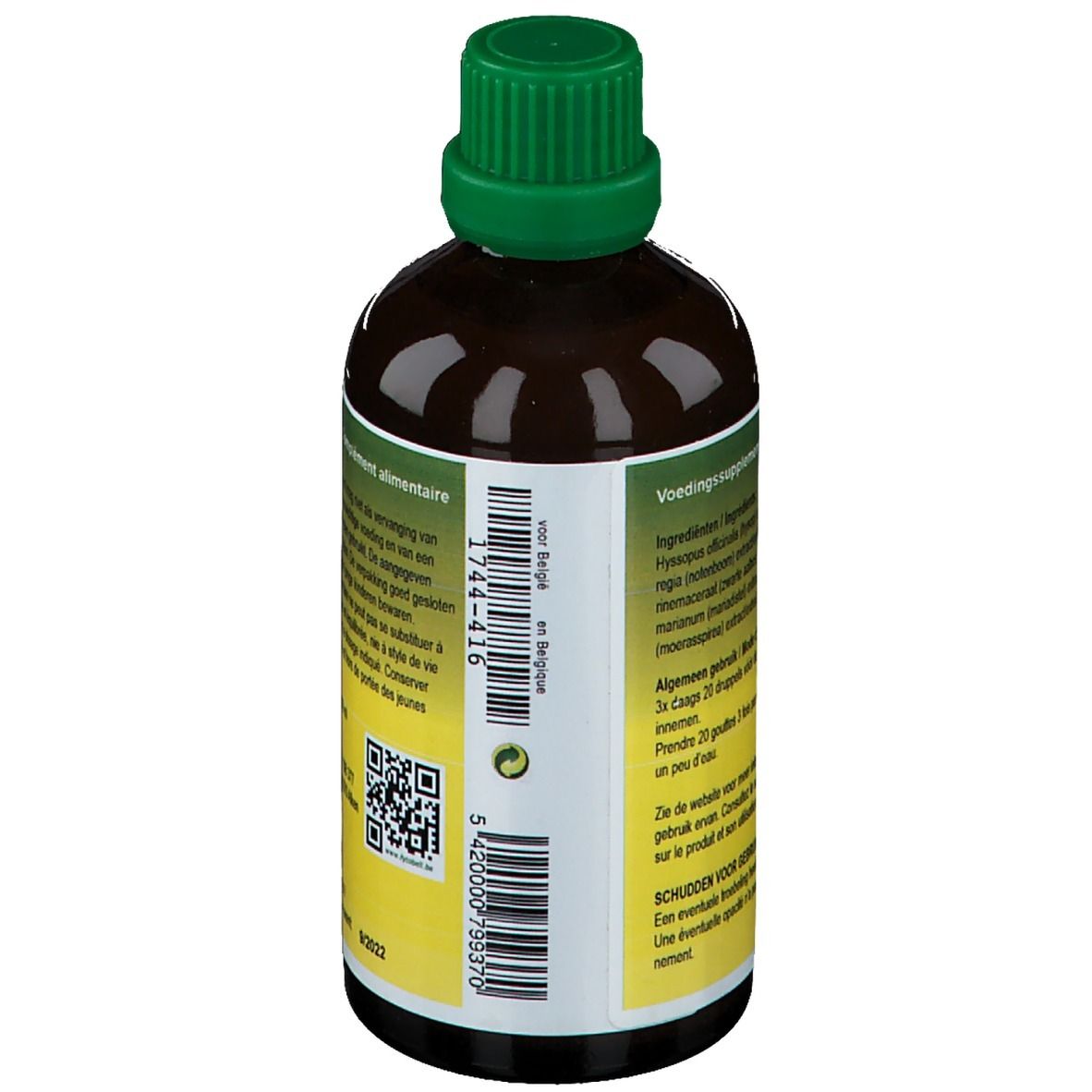 Achterkant bruine glazen fles. Etiket met tekst en barcode.
