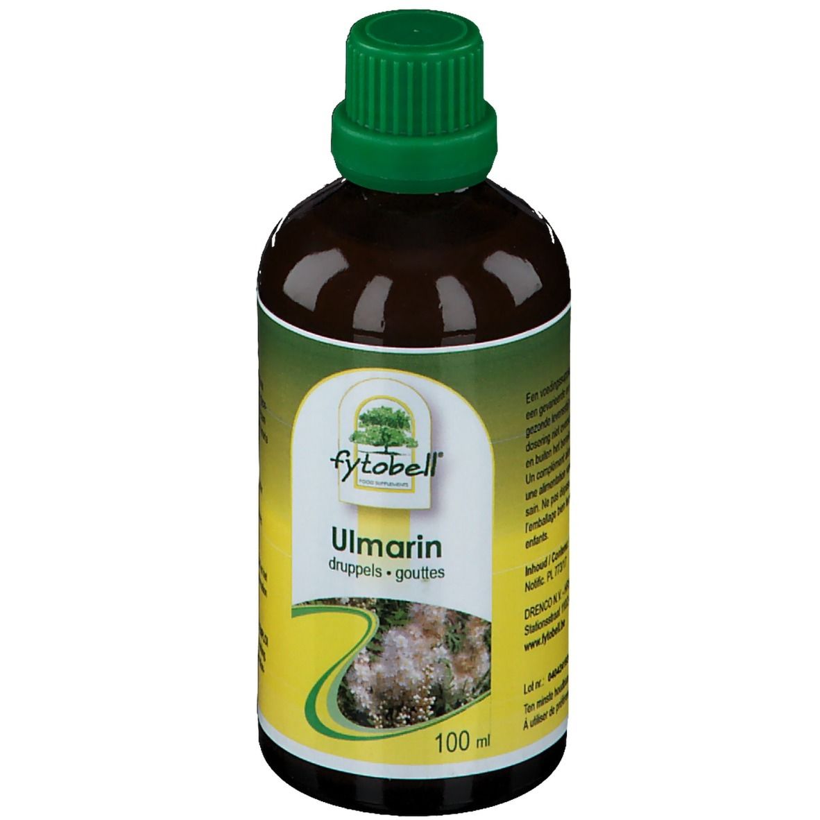 Bruine glazen fles met groene dop. Etiket met "fytobell Ulmarin" en "100 ml".