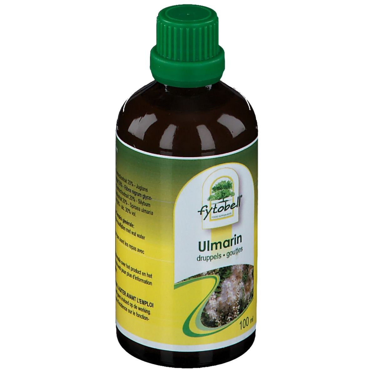 Bruine glazen fles met groene dop. Etiket met "fytobell Ulmarin" en "100 ml".