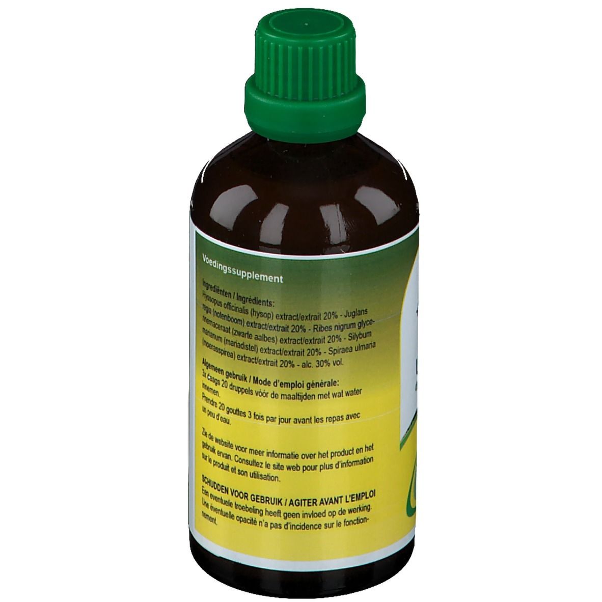 Achterkant bruine glazen fles. Etiket met ingrediënten en gebruiksaanwijzing.